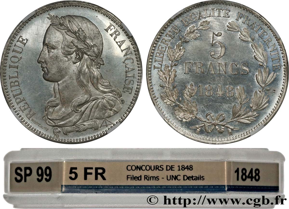 Concours de 5 francs, essai de Montagny 1848 Paris VG.3086 var. AU GENI