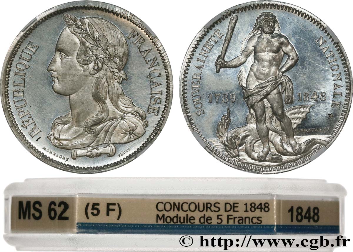 Épreuve de Montagny, au module de la pièce de 5 francs 1848 Paris VG.3088 var. MS62 GENI