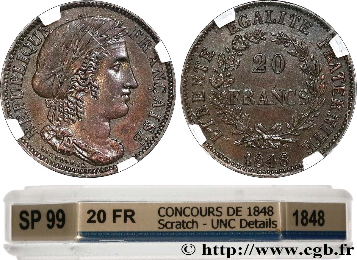 Concours de 20 francs, essai de Dieudonné 1848 Paris VG.3023 var EBC GENI