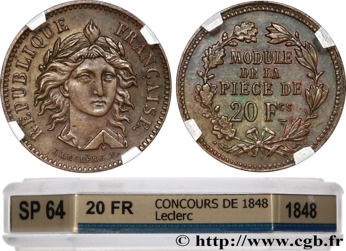 Concours de 20 francs, essai de Leclerc, deuxième concours 1848  VG.3052  MS64 GENI
