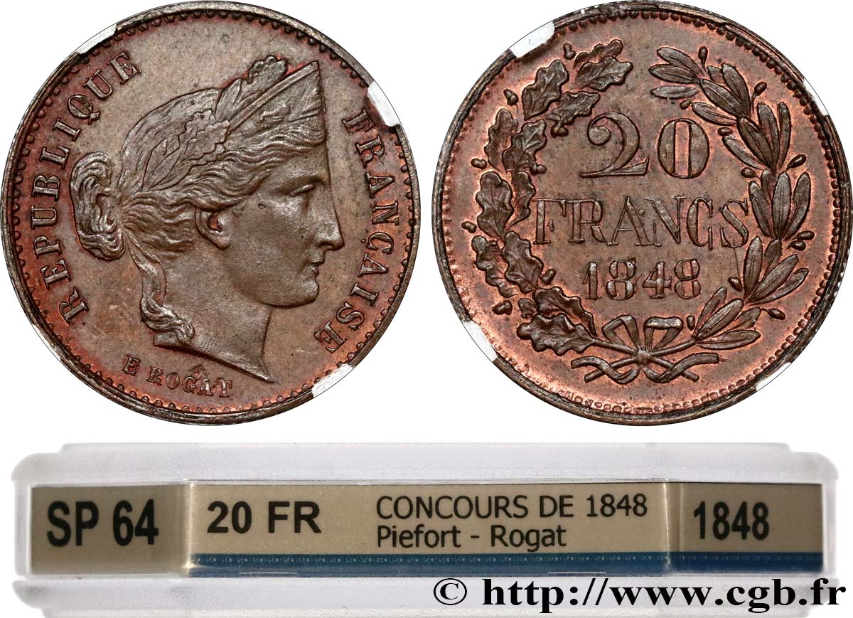 Concours de 20 francs, piéfort de Rogat 1848 Paris VG.3036 var. SPL64 GENI