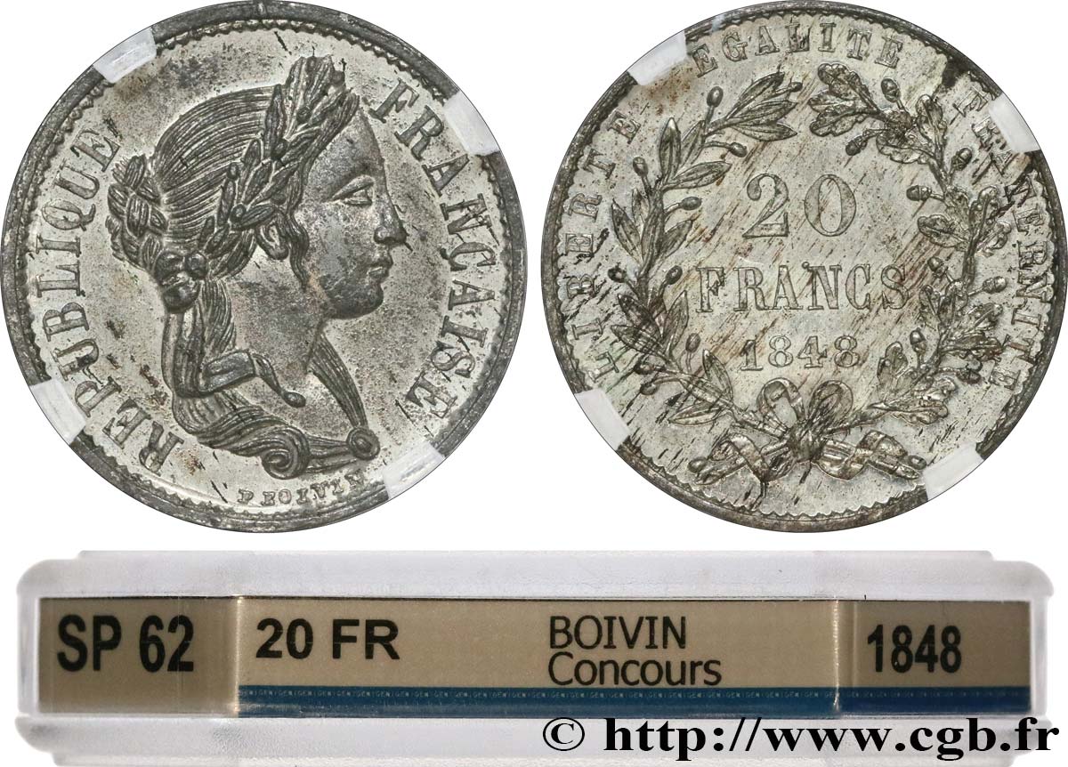 Concours de 20 francs, essai de Boivin 1848 Paris VG.3017 var MS62 GENI