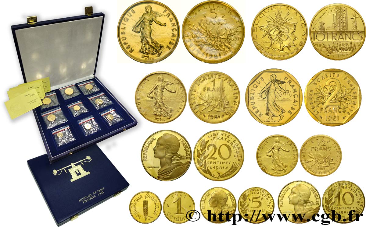 Coffret de 9 Piéforts en Or : 10, 5, 2, 1 et 1/2 francs et 20, 10, 5 et 1 centimes 1981 Pessac GEM.293 CPO12 ST 