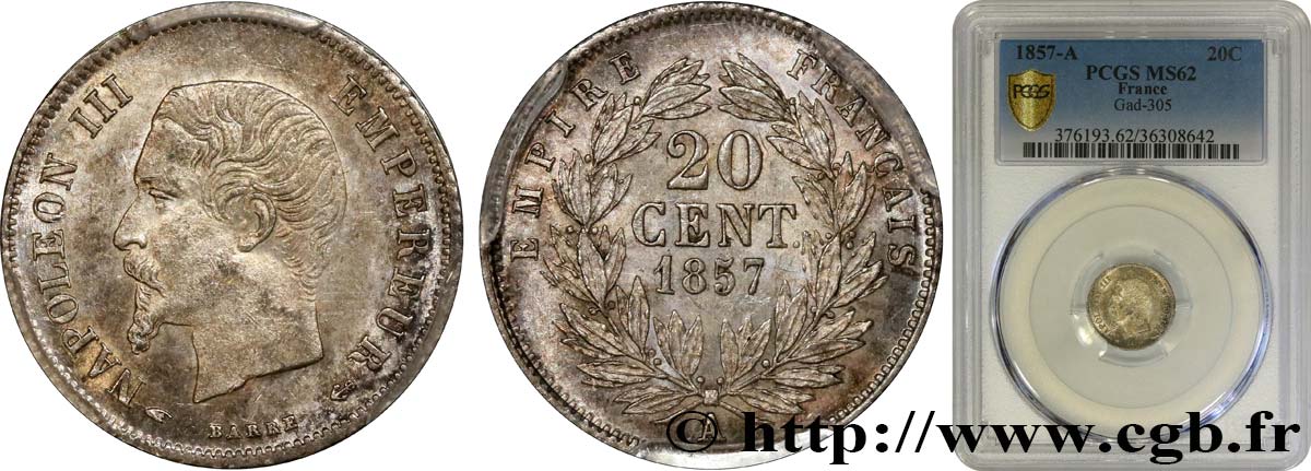 20 centimes Napoléon III, tête nue 1857 Paris F.148/7 SUP62 PCGS