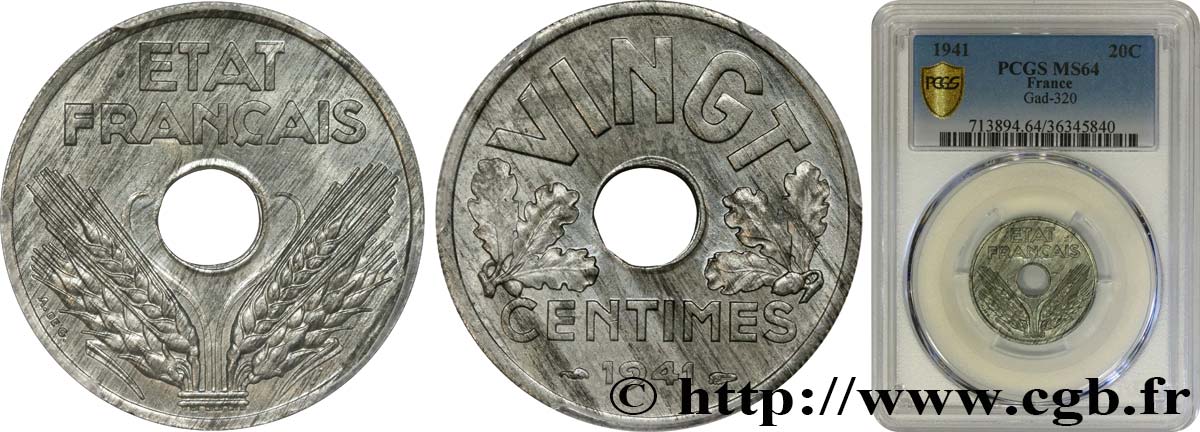 VINGT centimes État français 1941  F.152/2 SPL64 PCGS