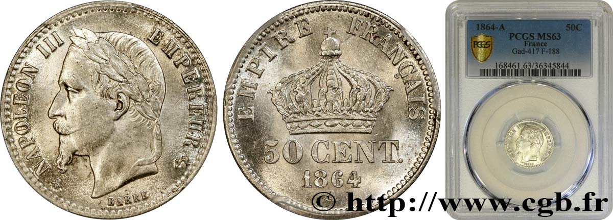 50 centimes Napoléon III, tête laurée 1864 Paris F.188/2 MS63 PCGS
