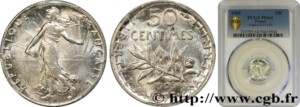 50 centimes Semeuse 1905 Paris F.190/12 SPL64 PCGS