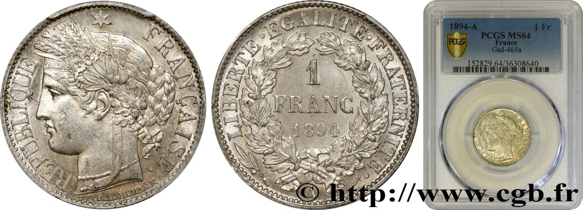 1 franc Cérès, Troisième République 1894 Paris F.216/12 SC64 PCGS