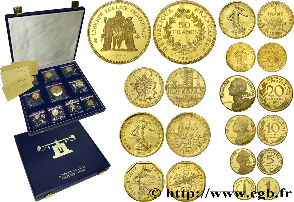 Coffret de 10 Piéforts en Or : 50, 10, 5, 2, 1 et 1/2 francs et 20, 10, 5 et 1 centimes 1980 Pessac GEM.293 CPO11 MS 