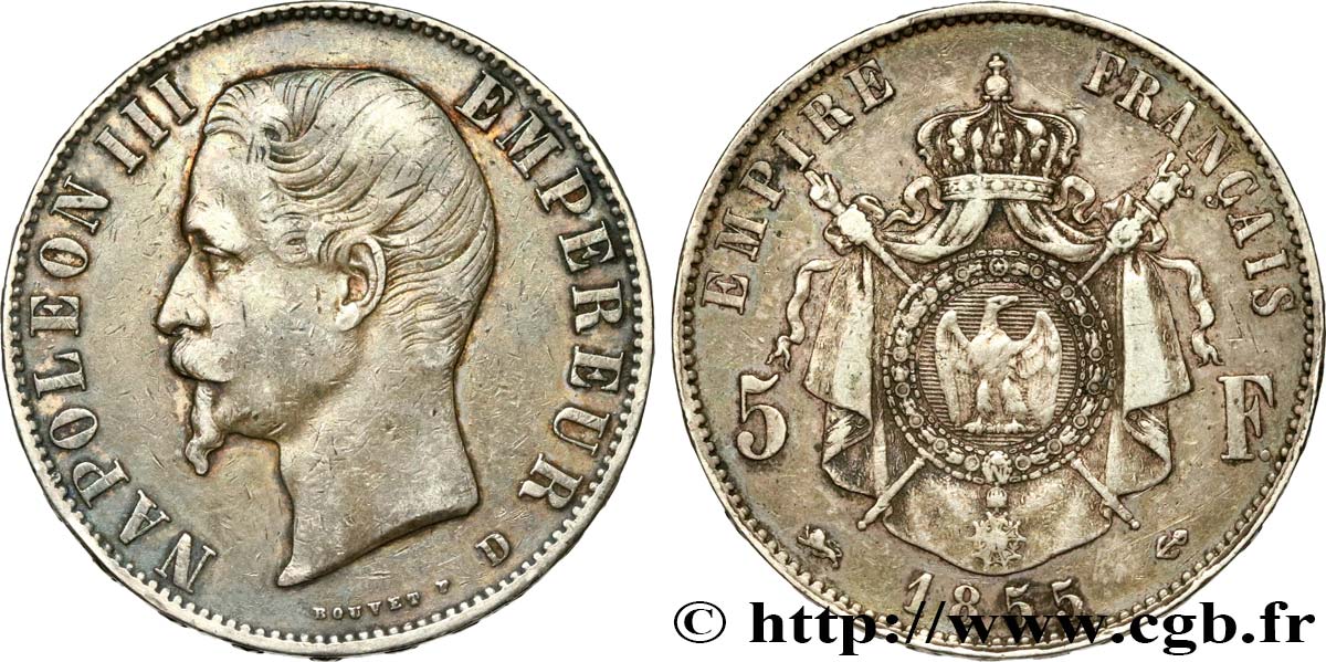 5 francs Napoléon III, tête nue 1855 Lyon F.330/5 VF35 