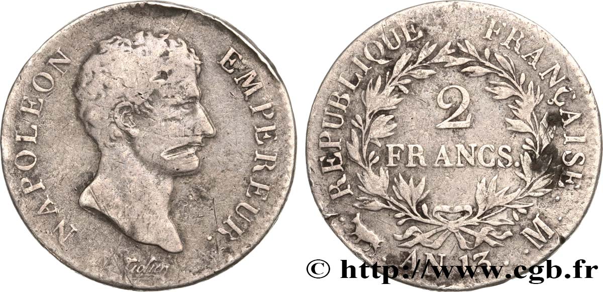 2 francs Napoléon Empereur, Calendrier révolutionnaire 1805 Toulouse F.251/21 TB 