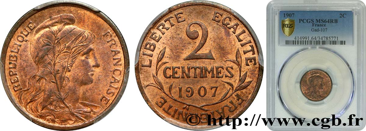2 centimes Daniel-Dupuis 1907 Paris F.110/10 SPL64 PCGS