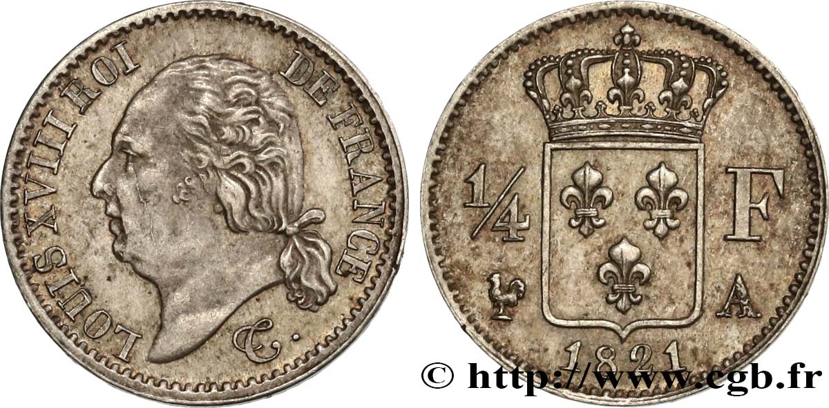 1/4 franc Louis XVIII 1821 Paris F.163/20 AU58 