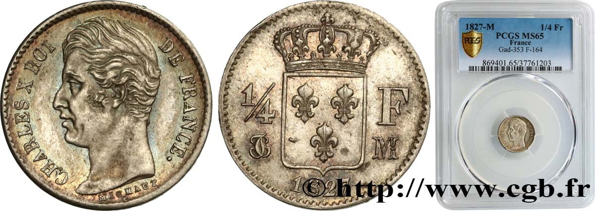 1/4 franc Charles X 1827 Toulouse F.164/16 ST65 PCGS