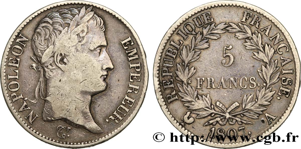 5 francs Napoléon Empereur, République française 1807 Paris F.306/1 S25 