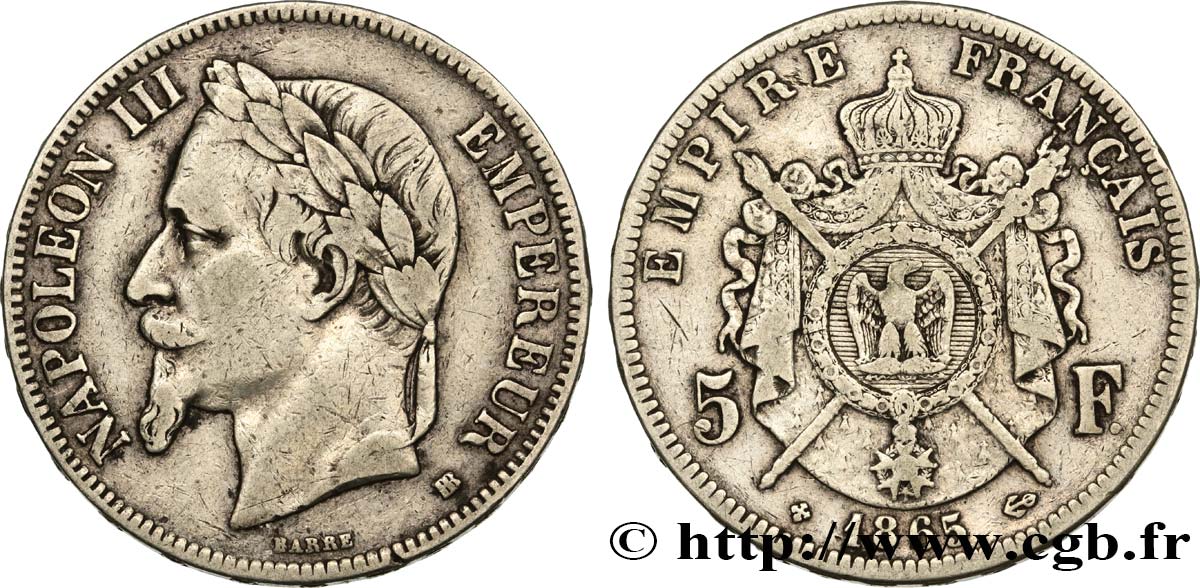 5 francs Napoléon III, tête laurée 1865 Strasbourg F.331/8 S25 