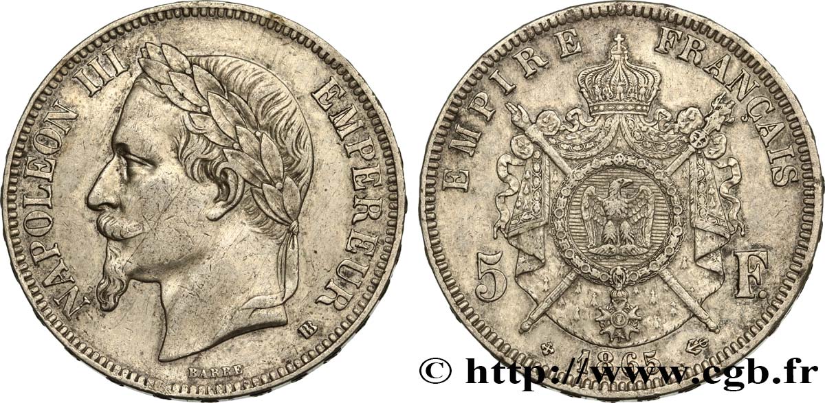 5 francs Napoléon III, tête laurée 1865 Strasbourg F.331/8 q.SPL 