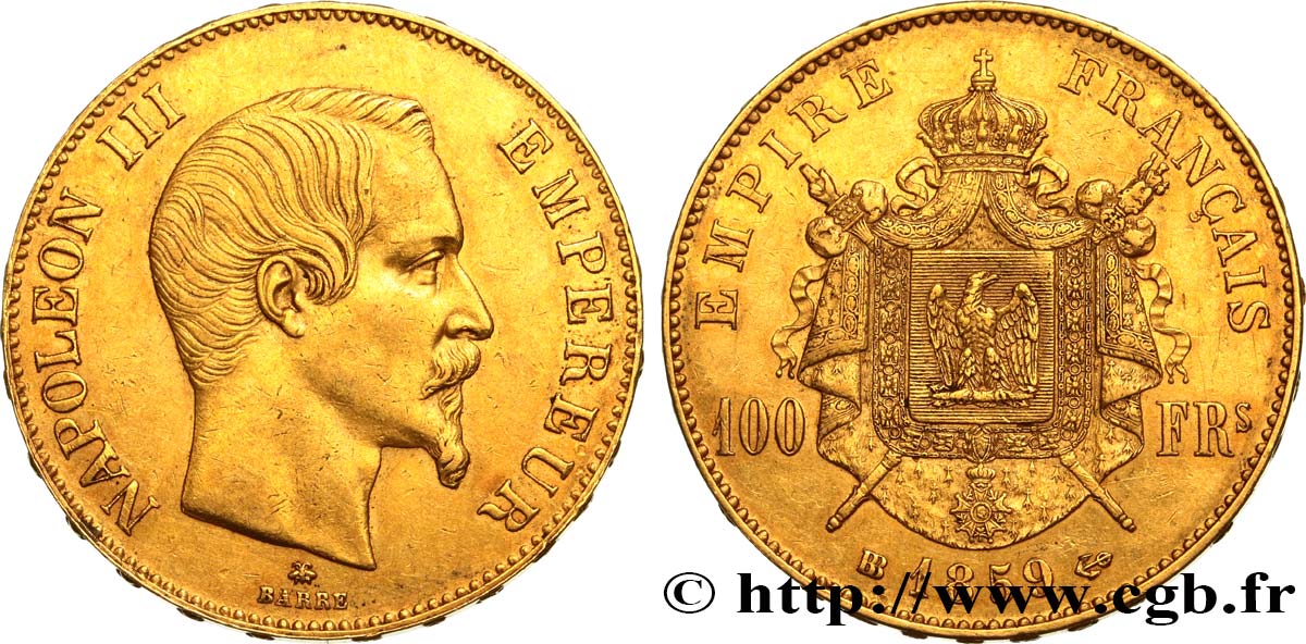 100 francs or Napoléon III, tête nue 1859 Strasbourg F.550/8 q.SPL 