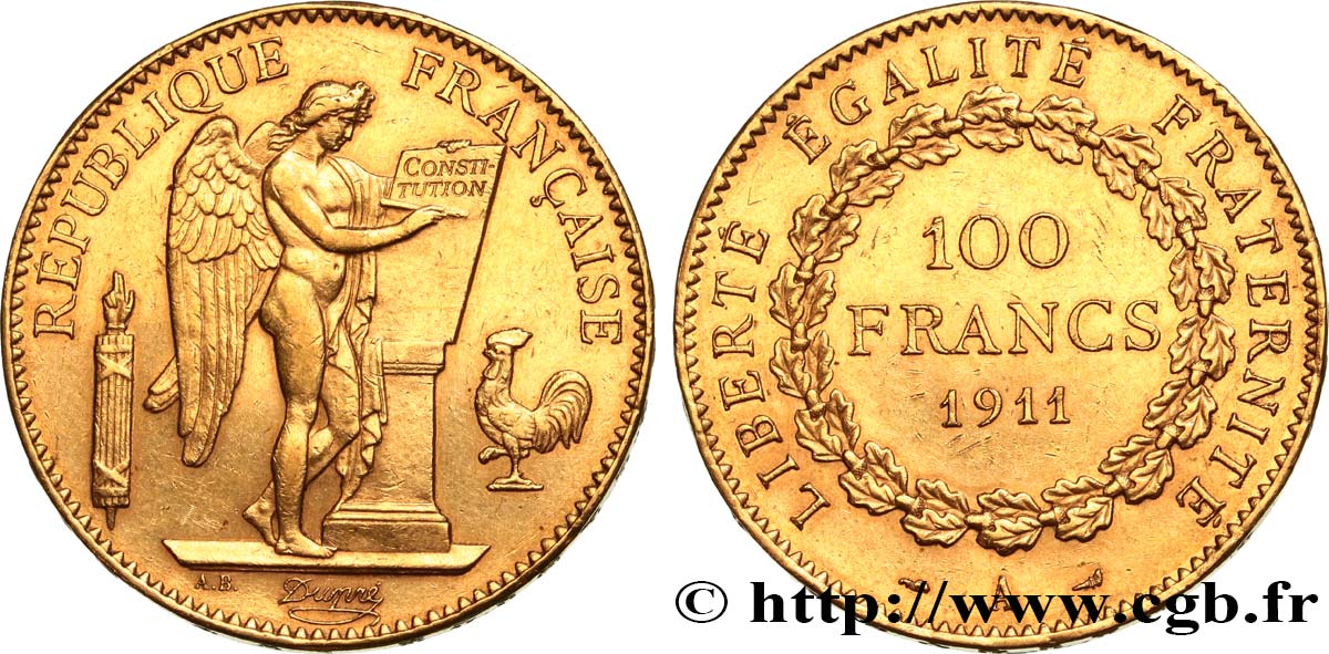 100 francs or Génie, tranche inscrite en relief Liberté Égalité Fraternité 1911 Paris F.553/5 SPL 