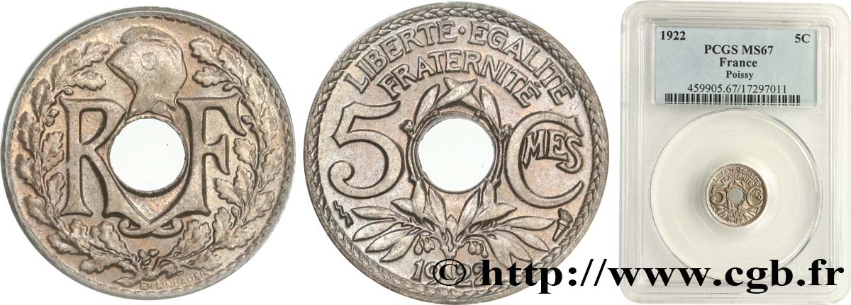 5 centimes Lindauer, petit module 1922 Poissy F.122/5 MS67 PCGS