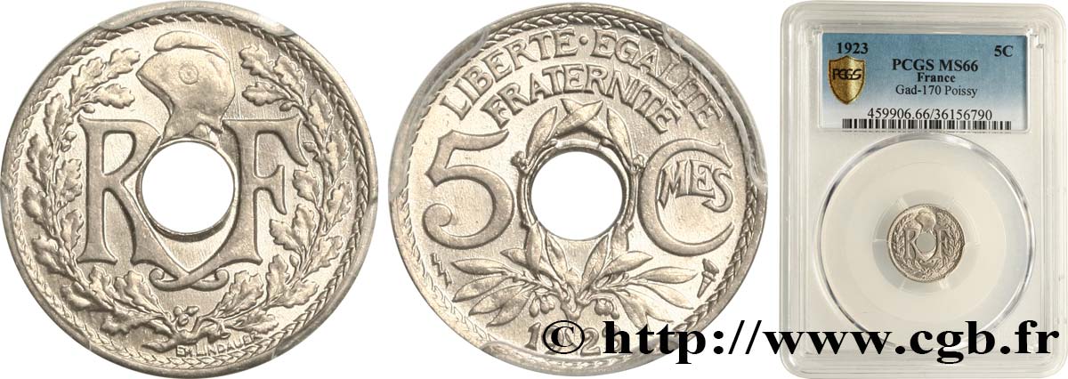 5 centimes Lindauer, petit module 1923 Poissy F.122/7 MS66 PCGS