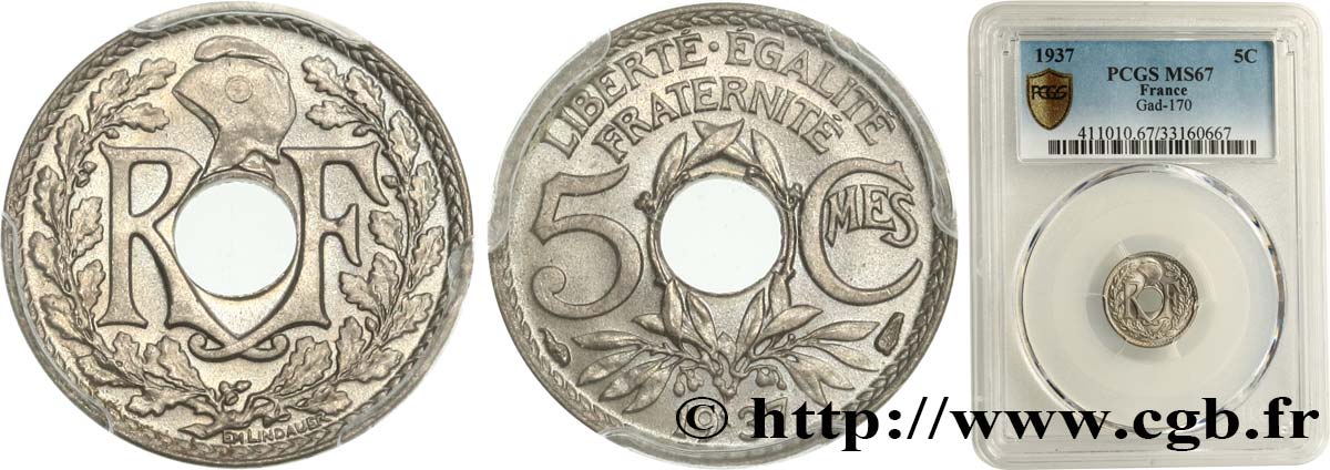 5 centimes Lindauer, petit module 1937 Paris F.122/20 ST67 PCGS
