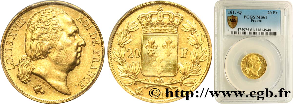 20 francs or Louis XVIII, tête nue 1817 Perpignan F.519/8 EBC61 PCGS