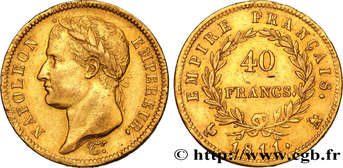 40 francs or Napoléon tête laurée, Empire français 1811 Paris F.541/7 XF48 