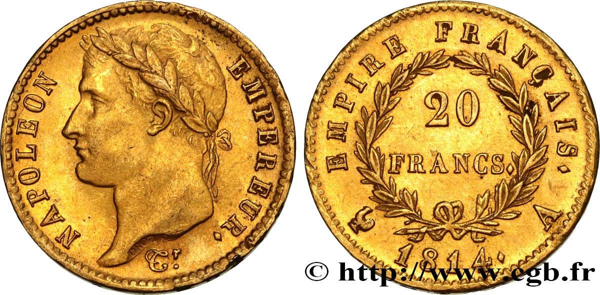 20 francs or Napoléon tête laurée, Empire français 1814 Paris F.516/39 SPL 