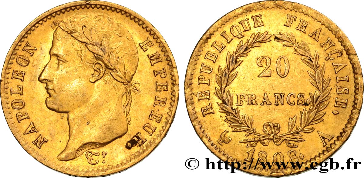 20 francs or Napoléon tête laurée, République française 1808 Paris F.515/2 SPL 