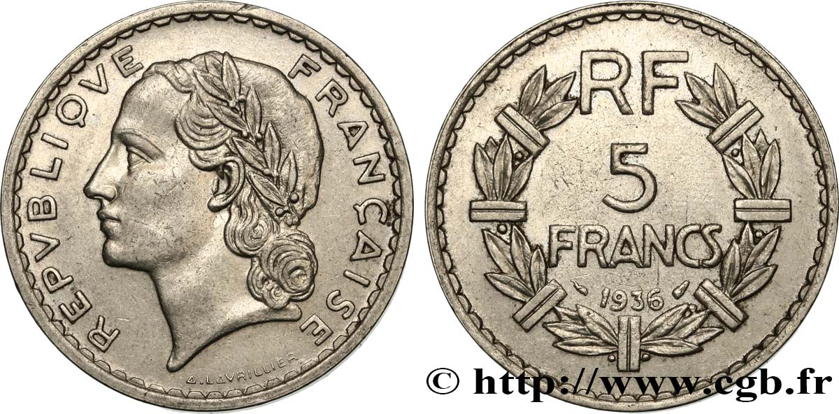 5 francs Lavrillier, nickel 1936  F.336/5 TTB50 