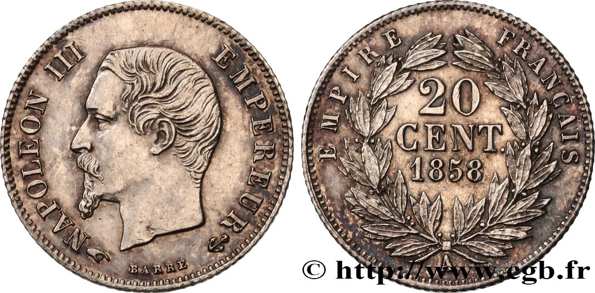 20 centimes Napoléon III, tête nue 1858 Paris F.148/11 EBC61 