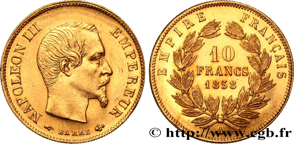 10 francs or Napoléon III, tête nue 1858 Paris F.506/5 MS63 