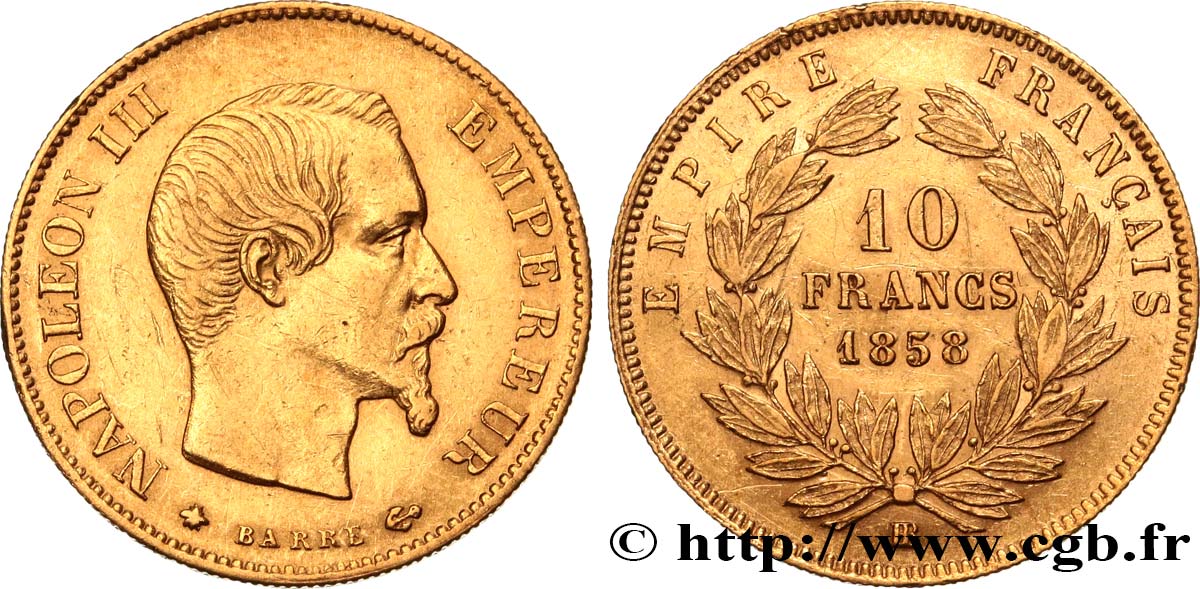 10 francs or Napoléon III, tête nue, grand module 1858 Strasbourg F.506/6 fVZ 