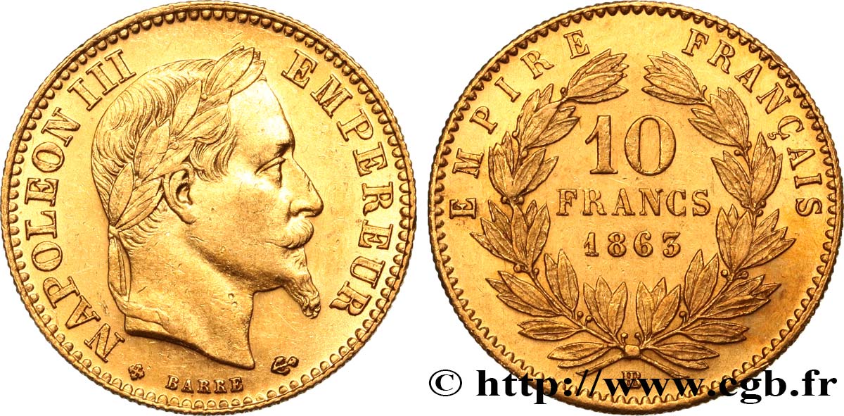 10 francs or Napoléon III, tête laurée, type définitif à grand 10 1863 Strasbourg F.507A/4 SPL55 