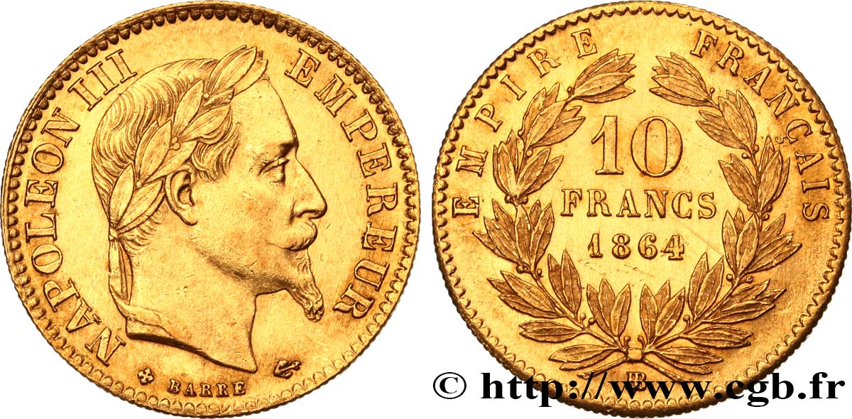 10 francs or Napoléon III, tête laurée 1864 Strasbourg F.507A/7 AU58 