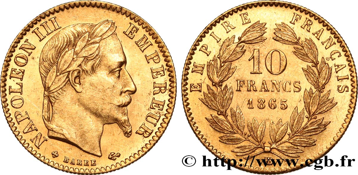 10 francs or Napoléon III, tête laurée 1865 Strasbourg F.507A/10 EBC60 
