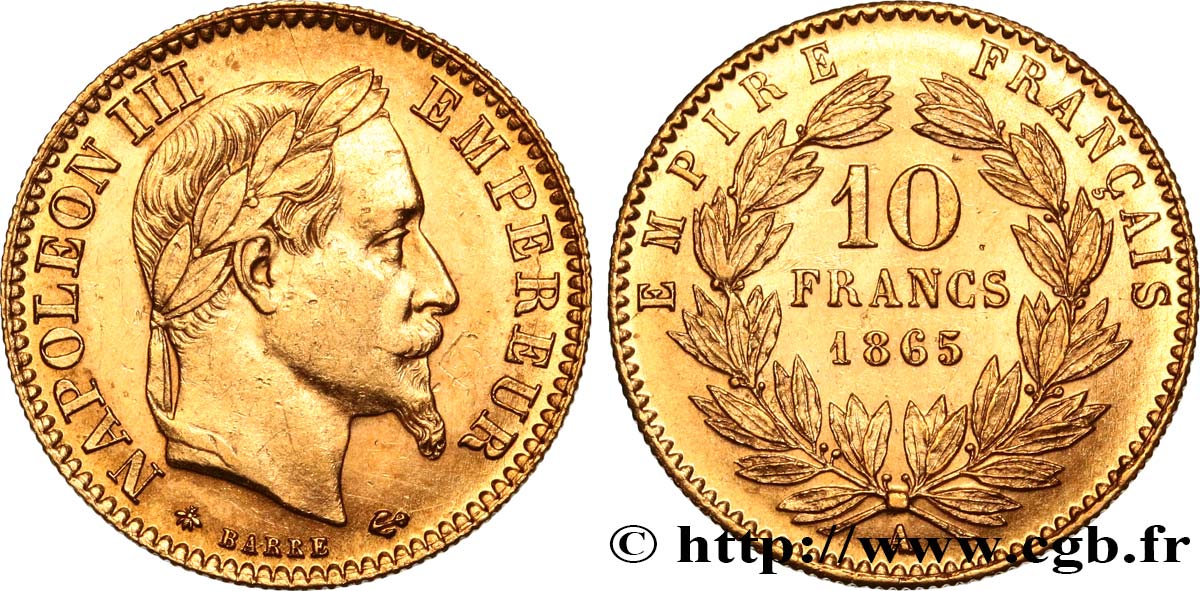 10 francs or Napoléon III, tête laurée 1865 Paris F.507A/9 SPL58 