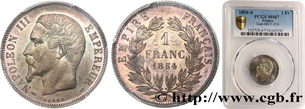 1 franc Napoléon III, tête nue 1854 Paris F.214/2 MS67 PCGS