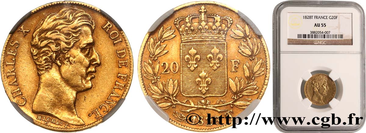 20 francs or Charles X 1828 Nantes F.520/9 AU55 NGC