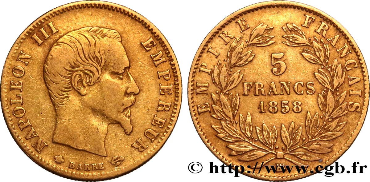 5 francs or Napoléon III, tête nue, grand module 1858 Strasbourg F.501/6 TB25 