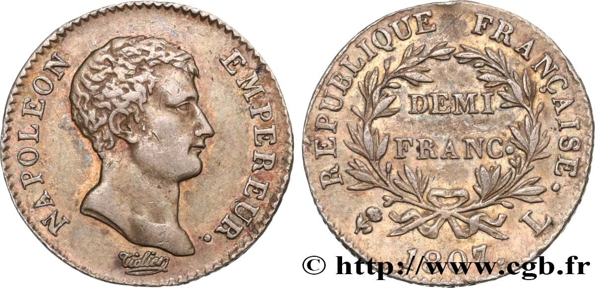 Demi-franc Napoléon Empereur, Calendrier grégorien 1807 Bayonne F.175/8 MBC48 