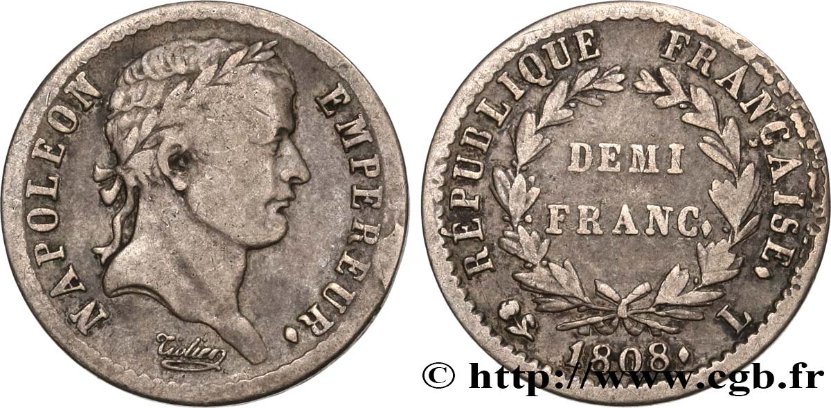 Demi-franc Napoléon Ier tête laurée, République française 1808 Bayonne F.177/10 TB25 