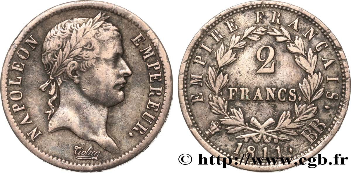 2 francs Napoléon Ier tête laurée, Empire français 1811 Strasbourg F.255/26 SS 