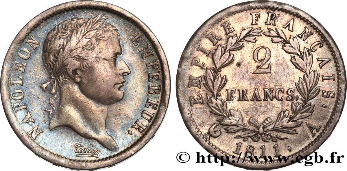 2 francs Napoléon Ier tête laurée, Empire français 1811 Paris F.255/24 TTB40 
