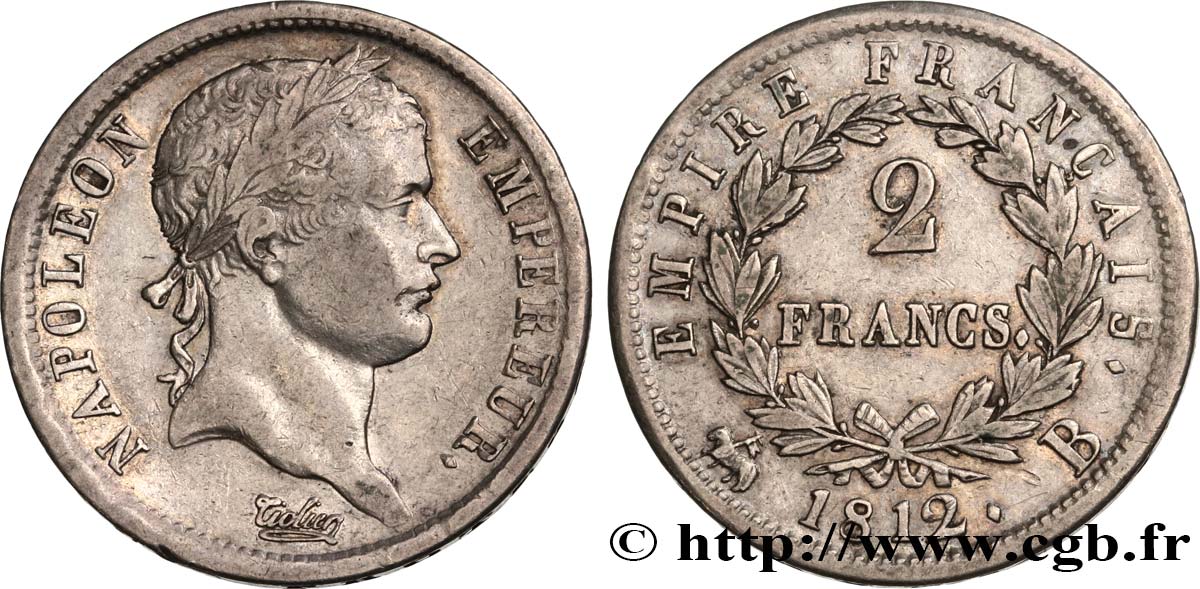 2 francs Napoléon Ier tête laurée, Empire français 1812 Rouen F.255/39 S38 
