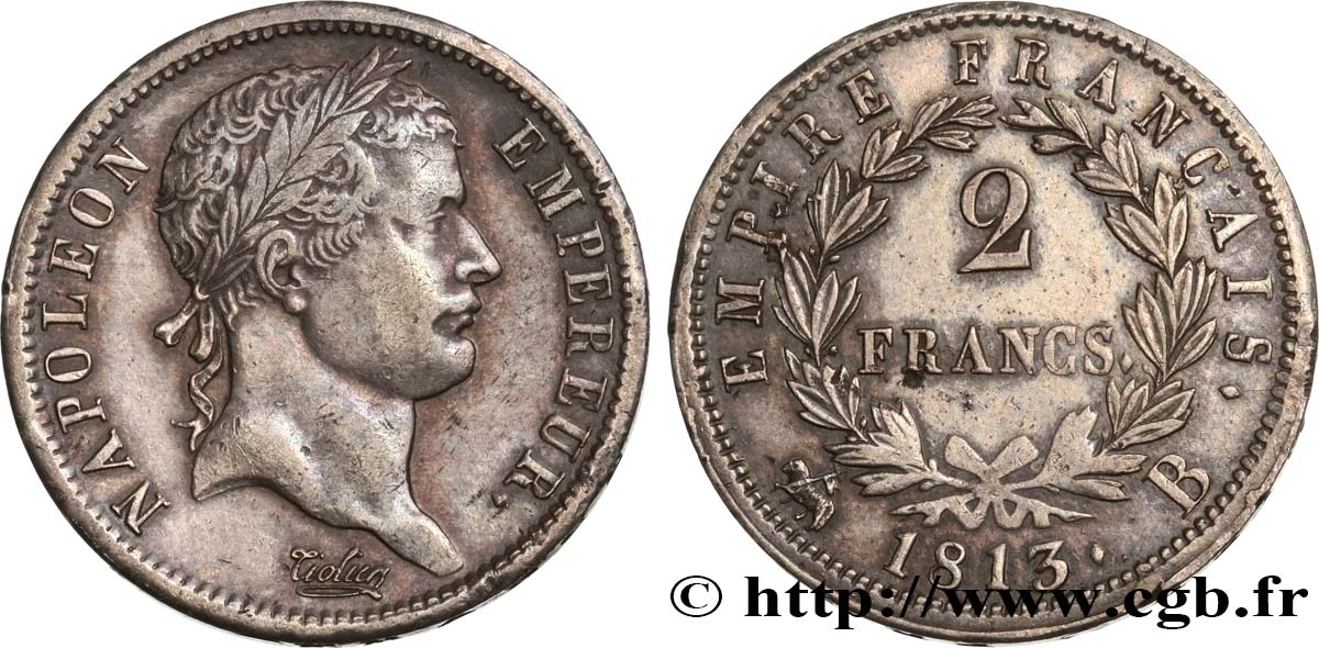 2 francs Napoléon Ier tête laurée, Empire français 1813 Rouen F.255/53 MBC48 