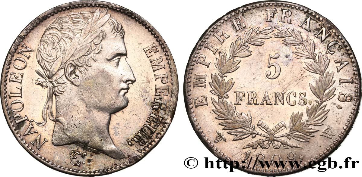 5 francs Napoléon Empereur, Empire français 1809 Lille F.307/13 MBC+ 