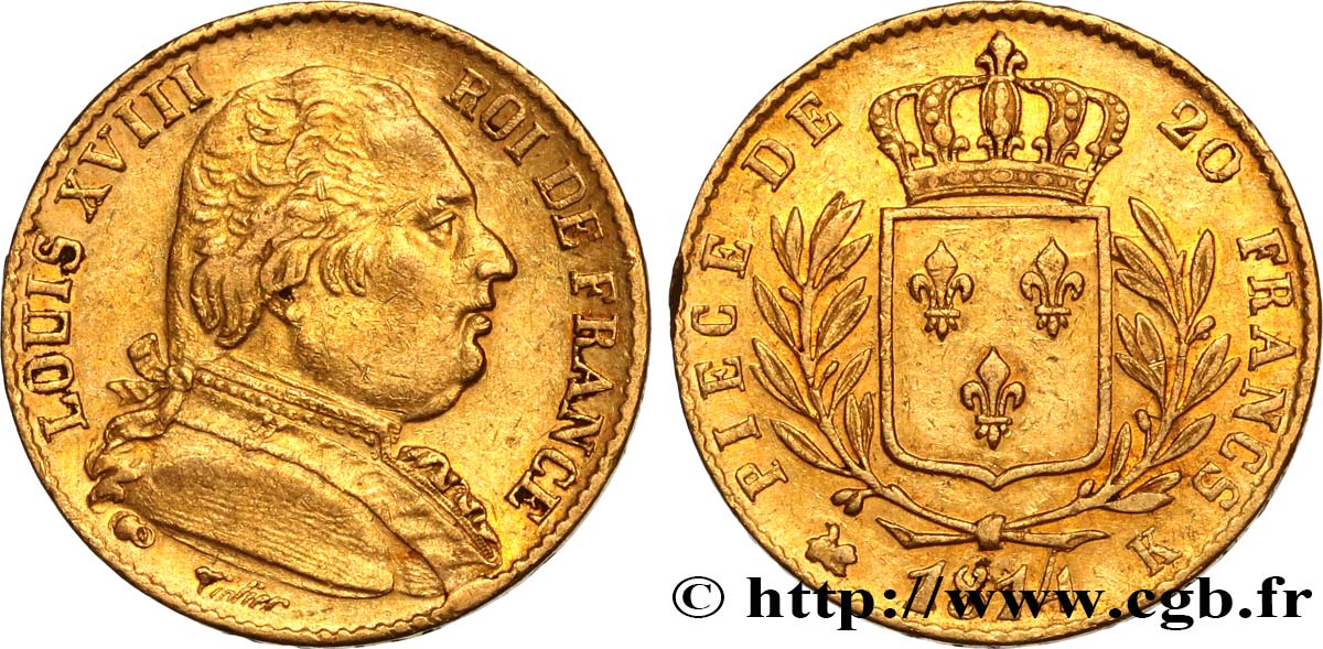 20 francs or Louis XVIII, buste habillé 1814 Bordeaux F.517/3 SS45 