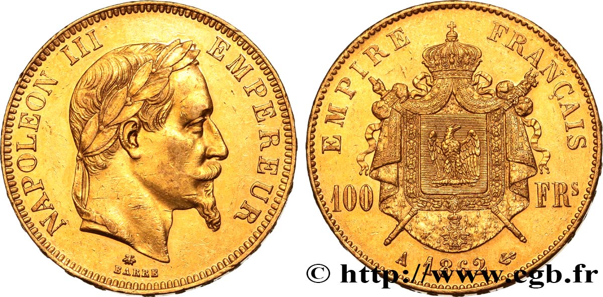 100 francs or Napoléon III, tête laurée 1862 Paris F.551/1 q.SPL 